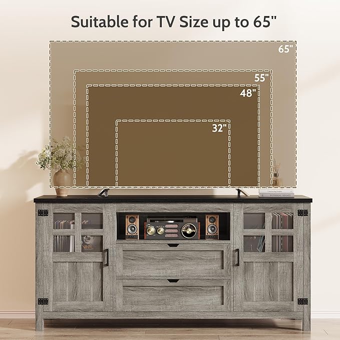Farmhouse TV Stand for 65 Inch TVs, Entertainment Center with Adjustable Shelves, 2 Barn Doors and Drawers, Storage Media Cabinet for Living Room or Bedroom - Grey