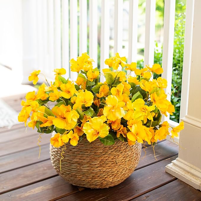 Fake Hibiscus Artificial Flowers for Outdoors Spring Summer Decoration, 6 Bundles Silk Yellow Hibiscus Flowers Bouquet UV Resistant Look Real Faux Plants for Outside Planter Front Door Porch Balcony