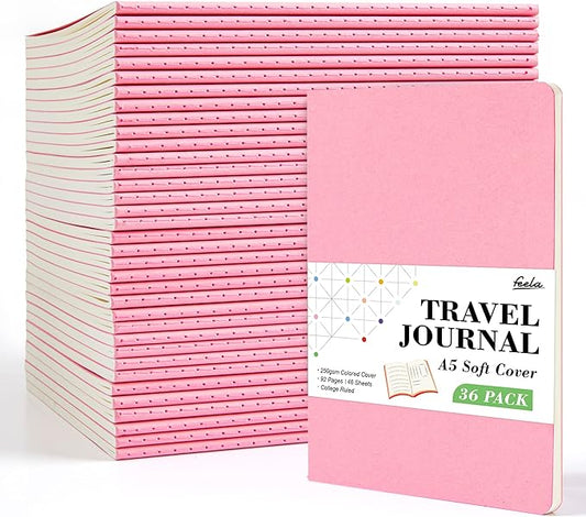 feela 36 Pack Soft Cover Journal Bulk, Lined Blank Travel Journal for Women Men Writing, Notebooks College Ruled for Work, Note Taking Notebook School Business Supplies, 8.2” x 5.5”, A5, Pink