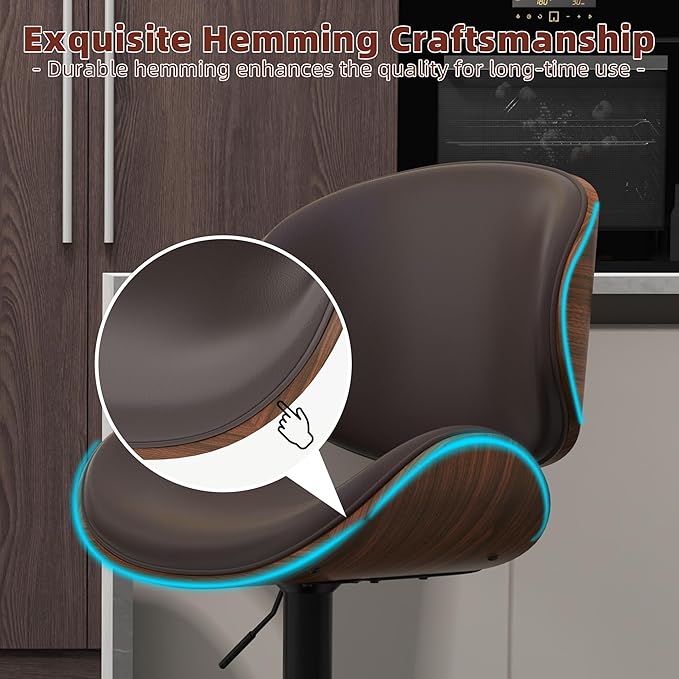 civama Brown Bar Stools Set of 2 for Kitchen Counter, Adjustable Bar Height Chairs, Modern Swivel Barstools with Bentwood Seat and Back with Footrest, for Kitchen Island, Dining Room, Brown PU Leather