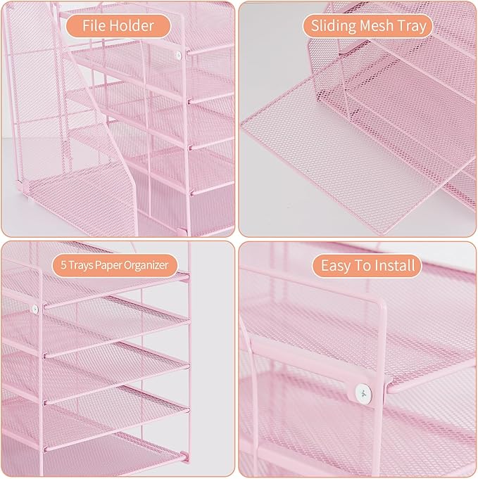 Desk Organizers and Accessories, 5-Tier Paper Letter Tray Organizer with File Holder, Pink Office Decor (Pink)