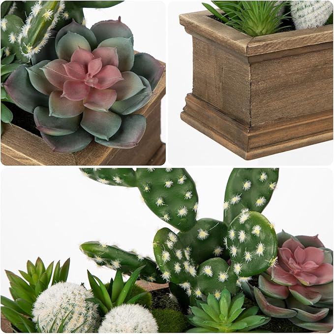 Fake Cactus Plant Small Succulents Plants Artificial Succulents in Wooden Pots Realistic Faux Succulent for Home Decor Office Table Centerpieces Rustic Farmhouse