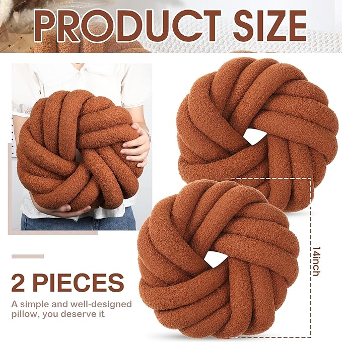 2 Pieces Knot Ball Pillows 14 x 14 Inch Decorative Pillow for Couch Bedroom Plush Throw Knot Pillow Soft Handmade Chair Cushion for Living Room Car Decorations (Caramel)