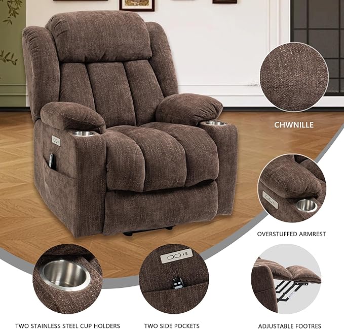 Power Lift Recliner Chair, 350lb Capacity with 8-Point Massage & Heating, USB/Type-C Ports & Cup Holders, Heavy Duty Chenille Recliner for Elderly, Brown