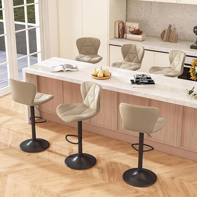 Bar Stools Set of 6,Adjustable Swivel Barstools, Faux Leather Bar Chairs,Upholstered Counter Height with High Backrest for Kitchen Island,Khaki