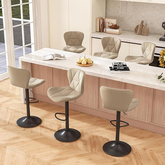 Bar Stools Set of 6,Adjustable Swivel Barstools, Faux Leather Bar Chairs,Upholstered Counter Height with High Backrest for Kitchen Island,Khaki
