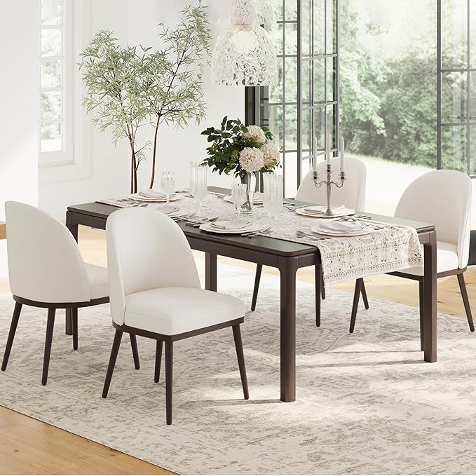Upholstered Dining Chairs Set of 4, Large Dining Room Kitchen Chairs with High Back and Deep Seat, Modern Fabric Dinner Chairs with Wood Legs, Beige