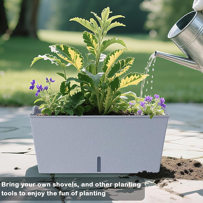 Window Box Planter 6 Pcs, 16.5 Inches Self Watering Rectangle Flower Plant Pots with Drainage Holes Trays, Vegetable Planters for Windowsill Patio Garden Balcony Porch Yard (Grey)