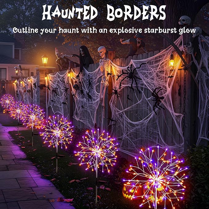 suddus Solar Halloween Lights Outdoor Solar Powered, Upgrade 2-Pack Orange & Purple Solar Firework Lights, Waterproof Garden Light for Yard Pathway Patio Flowerbed Halloween Decorations