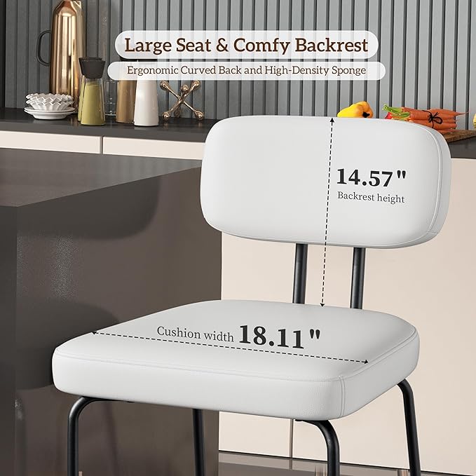 Counter Height Bar Stools Set of 2, 26" Faux Leather Kitchen Counter Stools with Backs, Metal Legs, Footrest, Bar Chairs for Kitchen Island, White