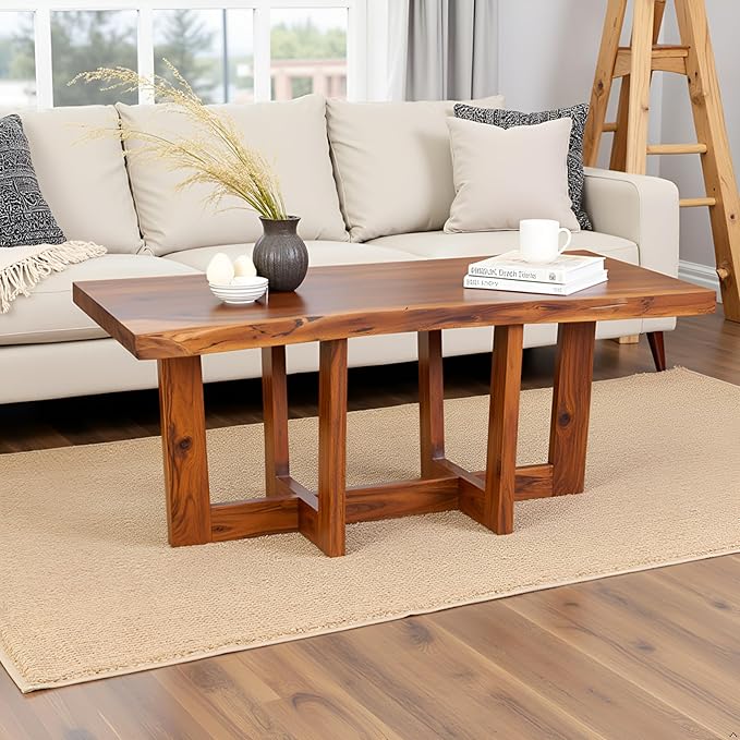 Berkshire 42-Inch Live Edge Coffee Table – Handcrafted Solid Acacia Wood in Minimalist Design and Natural Finish with Cross-Braced Wood Legs and Floor Protectors – Modern Living Room Furniture