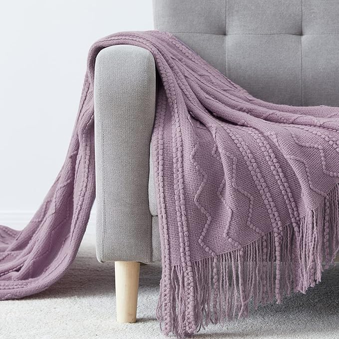 BOURINA Light Lavender Throw Blanket 50x60 Inches Throw Textured Solid Soft Sofa Couch Decorative Knit Blanket