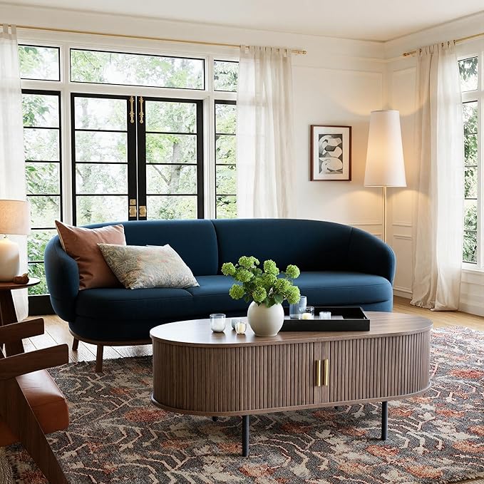 Mid Century Modern Coffee Table, 47.2" Oval Fluted Coffee Table with Storage and Sliding Doors, Minimalist Tea Table with Wood Grain Veneer, Retro Center Tables for Living Room, Walnut