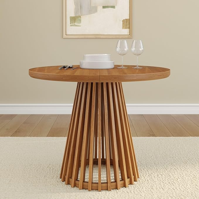 Plank+Beam Lido Round Dining Table, 38", Wooden, Pedestal, Minimalist Kitchen Table for 4 for Dining Room, Pecan