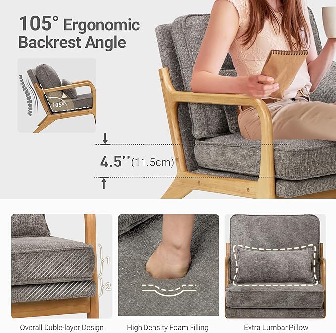 Modern Accent Chair Set of 2 with Lumbar Pillow, Relaxing Mid Century Chair Armchair with Solid Wood Frame & Soft Cushion, Reading Leisure Armchair for Living Room, Grey
