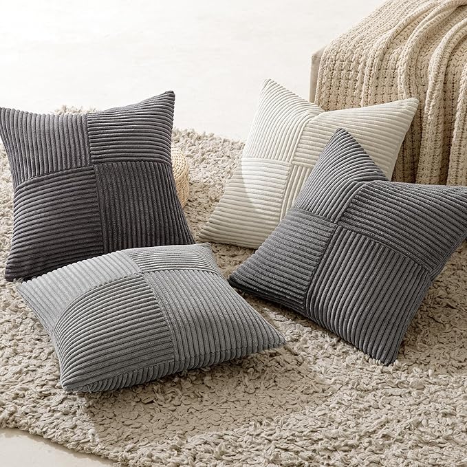 MIULEE Neutral Grey Decorative Throw Pillow Covers 20x20 Inch Set of 4 Modern Farmhouse Corduroy Cushion Cases Striped Patchwork Pillow Cases for Couch Sofa Bedroom Home Decor