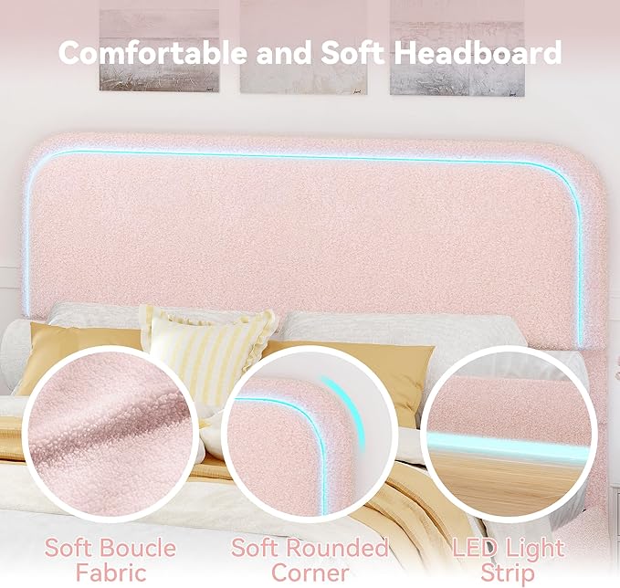 Torana Queen Marshmallow Bed Frame with Headboard and Footboard, Curved Shaped Cloud Upholstered Beds with LED Lights, Teddy Fleece Bedframe with Soft Rounded Corners and Strong Slats Support, Pink