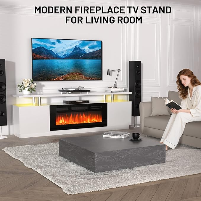 GarveeHome 70 Inch Fireplace TV Stand with 36 Inch Electric Fireplace, 12 Colors LED Lights, 750W/1500W for Max 80 Inch TV, 2 Tier Storage 2 Door Cabinet