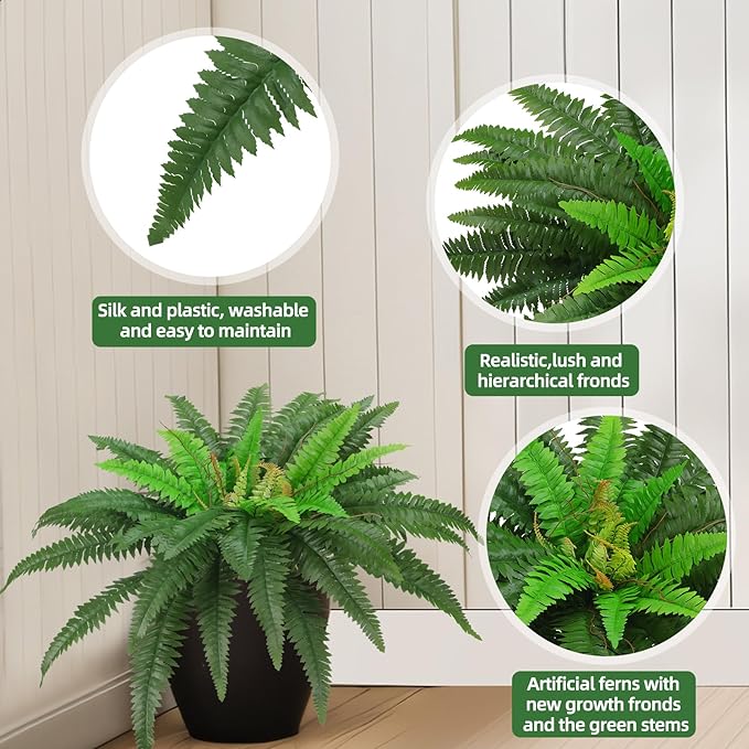 40" Artificial Boston Ferns Bush Plants, Set of 2, Large Faux Ferns Hanging Decor with 53 Fronds, Fake Vines Indoor Or Outdoors Planter for Home and Office Decor