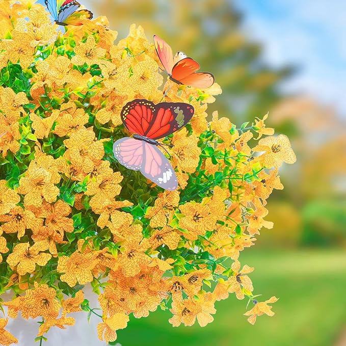 ‌20 Bundles Artificial Flowers for Outdoors‌ with 6 Faux Butterflies, UV Resistant ‌Fake Flowers‌ with Eucalyptus Leaves, ‌Artificial Plants Outdoor‌ for Patio Garden Porch Home Decor (Yellow)