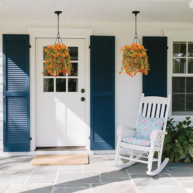 Artificial Flowers for Outdoors Decoration, 2 Pcs Outdoor Faux Plants Daisy with Eucalyptus Leaves Fall UV Resistant Fake Flowers Hanging Planters for Front Porch Patio Yard Door Garden Home Decor