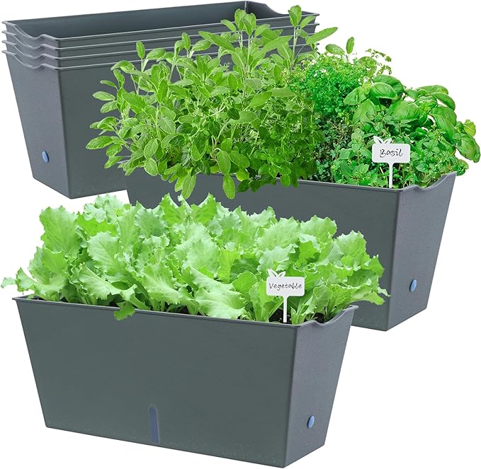 Window Box Planter 6 Pcs, 16.5 Inches Self Watering Rectangle Flower Plant Pots with Drainage Holes Trays, Vegetable Planters for Windowsill Patio Garden Balcony Porch Yard (Dark Green)