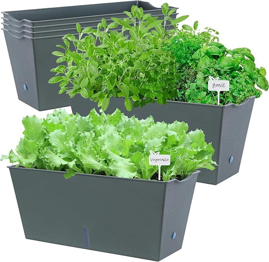 Window Box Planter 6 Pcs, 16.5 Inches Self Watering Rectangle Flower Plant Pots with Drainage Holes Trays, Vegetable Planters for Windowsill Patio Garden Balcony Porch Yard (Dark Green)