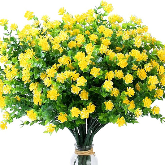 SITUMEIZI 8 Bundles Yellow Artificial Flowers Outdoor Fake Flower Plastic UV Resistant Shrubs Greenery Plants Hanging Decorations Garden Porch Window Box Farmhouse Outside Summer Indoor Decor