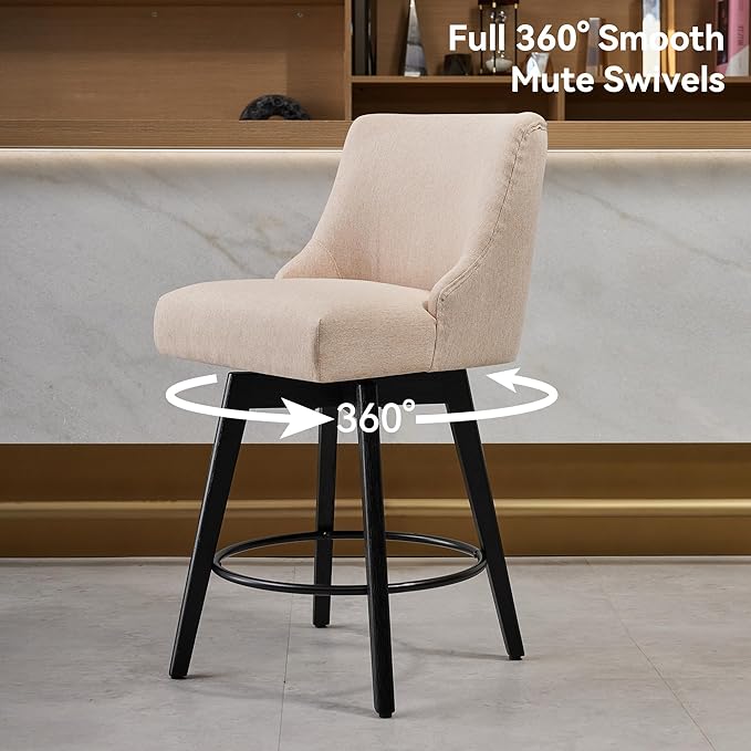 Vipbear Counter Height Bar Stools Set of 4, 26" H Swivel Bar Stools with Backs, Linen Fabric Upholstered Bar Chairs with Solid Wood Legs for Kitchen Island, Dining Room, Home Bar, Beige