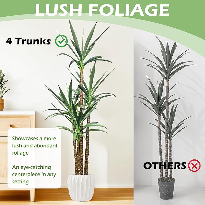 Artificial Trees 72 Inch/ 6Ft Faux Tree 4 Trunks Agave Plant, Tall Fake Plant with Plastic Pot for Home Decor, Office Decor
