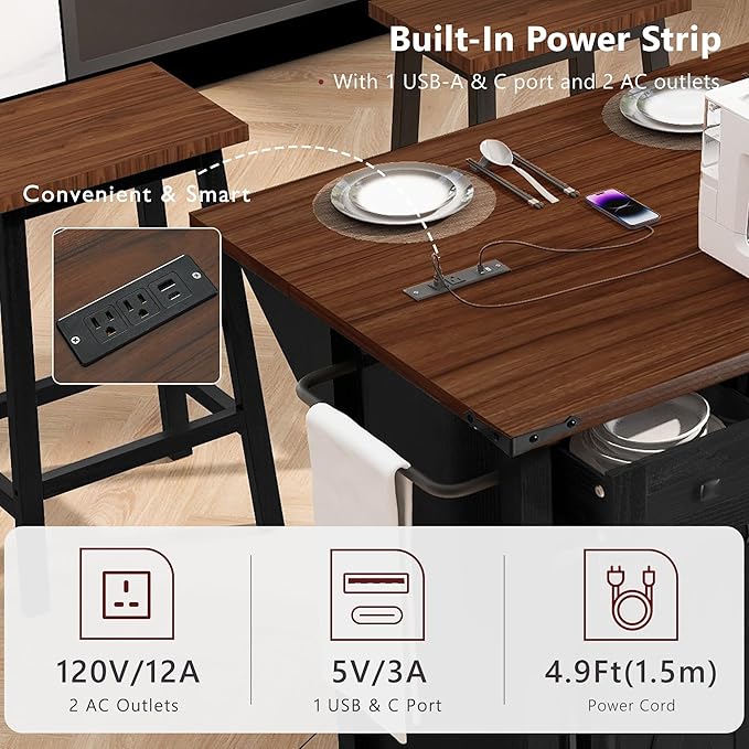 Merax Farmhouse Rolling Kitchen Island on Wheels with Drop Leaf Table & Power Outlet, Wood Kitchen Cart on Wheels with Spice Rack, Glass Holders, 3 Drawers & Cabinet, 58" Wide Black