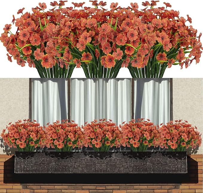 15 Bundles Artificial Flowers Fake Silk Flowers Outdoor UV Resistant Faux Flowers Plastic Fabric Greenery Plants for Hanging Planter Kitchen Home Office Wedding Garden Decoration (Orange)