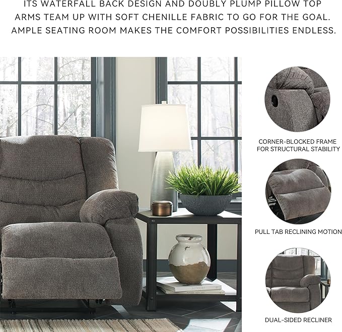 Signature Design by Ashley Tulen Modern Manual Pull Tab Reclining Loveseat, Dark Gray