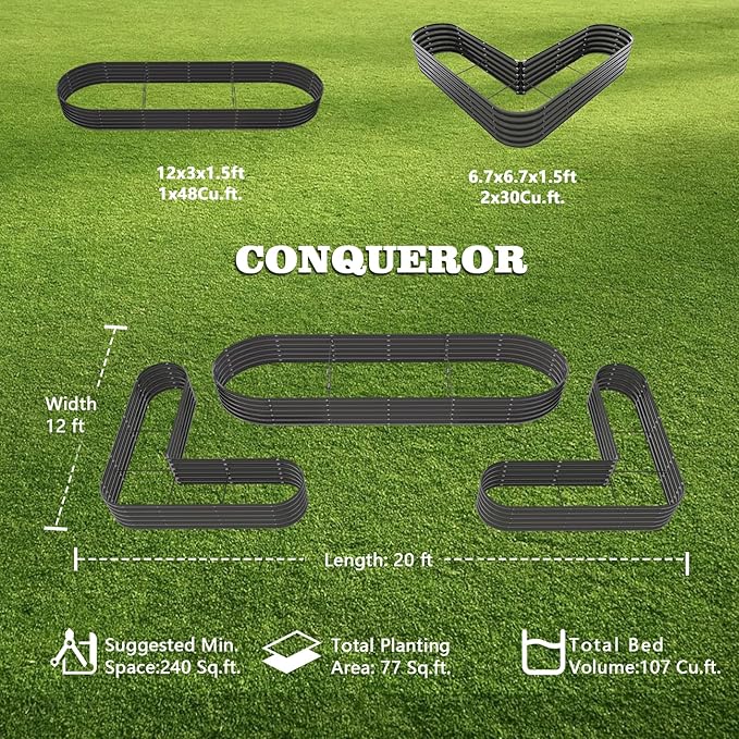 A ANLEOLIFE 3-Pack 12X3X1.5ft & 81x81x18 in Deep Root Galvanized Raised Garden Beds Outdoor for Planting Vegetables Flowers Herb, Quartz Grey