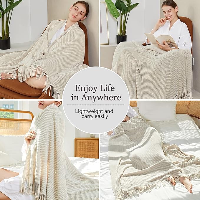 BLAGIC Knitted Throw Blanket for Couch Soft Farmhouse Boho Throw Blanket with Tassels Home Decorative Lightweight Throw Blankets, Throws for Bed/Chair/Sofa, Stripe Textured(Creamy White,50"W x 60"L)