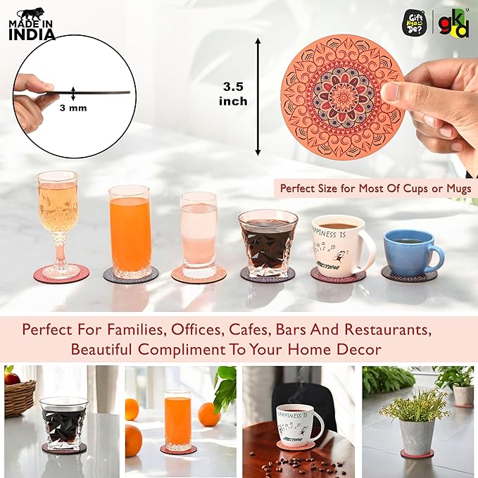 GKD Wooden Coasters for Drinks, MDF Mandala Coasters Set of 6 with Holder, 3.5 inches Eco-Friendly Absorbent Coaster for Coffee Table, Bar, Drinking Glasses, Tabletop Protection