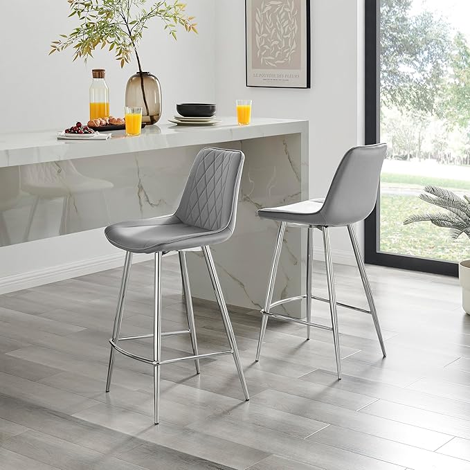 Bar Stool Chair - Pesaro Grey Velvet Upholstered Dining Chair Silver Metal Legs - Modern Style Diamond Quilted Stitching to Back - Contemporary Dining Kitchen Furniture