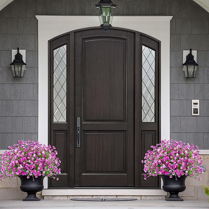 Ouddy Decor 24 Bundles Artificial Flowers for Outdoors UV Resistant Fake Plastic Plants Faux Boston Fern Greenery Stems for Spring Summer Indoor Garden Patio Window Box Kitchen Home Decor, Fuchsia