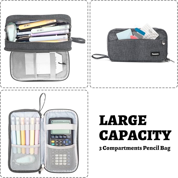 Pencil Case Big Capacity Pen Pouch Large Storage Holder Marker Pen Bag Durable 3 Compartment School Office Desk Organizer Portable Cute Zipper Stationery for Kids Teen Student Boys Girls Adults