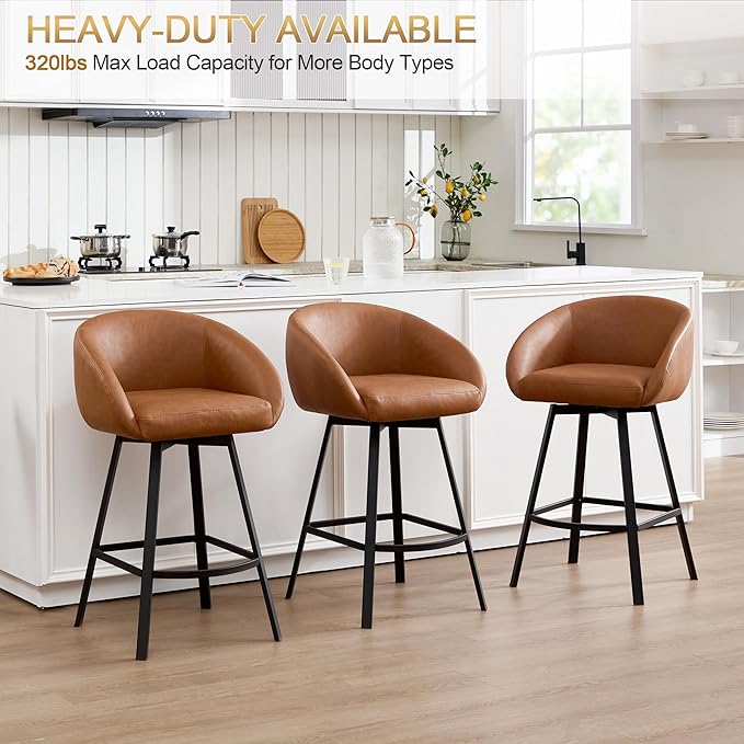 Zesthouse Swivel Counter Height Stools Set of 2, Modern Bar Stools for Kitchen Island, 26" Upholstered Kitchen Counter Height Barstools with Barrel Arms & Backs, Brown Faux Leather Bar Chairs