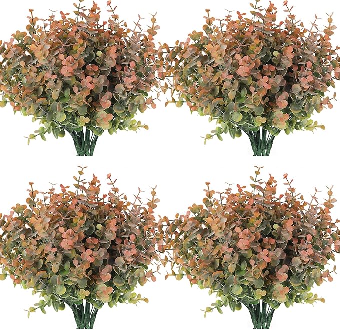 RECUTMS 12 Bundles Fake Bushes Artificial Plants Outdoor Faux Plant Eucalyptus Stems Fake Porch Plants for Farmhouse Bathroom Office Vase Centerpiece Indoor Outdoor Decor(Dusty Orange)