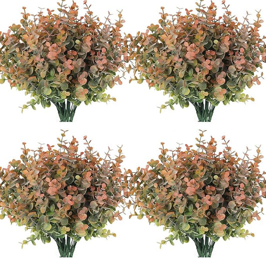 RECUTMS 12 Bundles Fake Bushes Artificial Plants Outdoor Faux Plant Eucalyptus Stems Fake Porch Plants for Farmhouse Bathroom Office Vase Centerpiece Indoor Outdoor Decor(Dusty Orange)