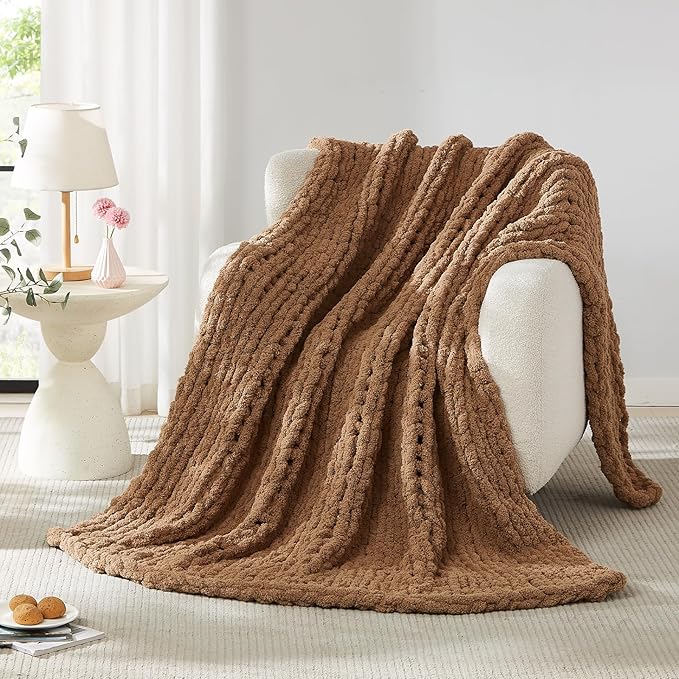 L'AGRATY Chunky Knit Blanket - Soft Chenille Yarn Throw - 60x80: Handmade Thick Cable Knit Crochet Blanket for Couch, Sofa, Bed & Home Decor