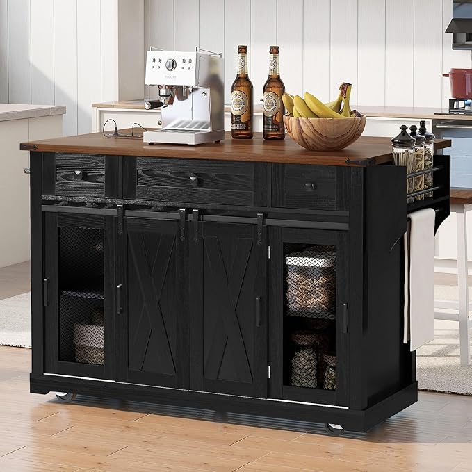 Merax Farmhouse Rolling Kitchen Island on Wheels with Drop Leaf Table & Power Outlet, Wood Kitchen Cart on Wheels with Spice Rack, Glass Holders, 3 Drawers & Cabinet, 58" Wide Black