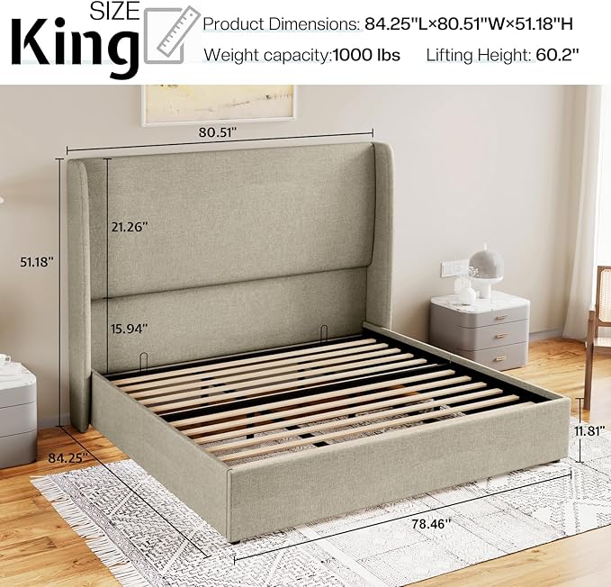 Jocisland King Size Bed Frame with Lift Storage Bed Linen Platform Bed with Wingback Headboard/Hydraulic Storage/No Box Spring Needed/Wood Slats Support/Khaki