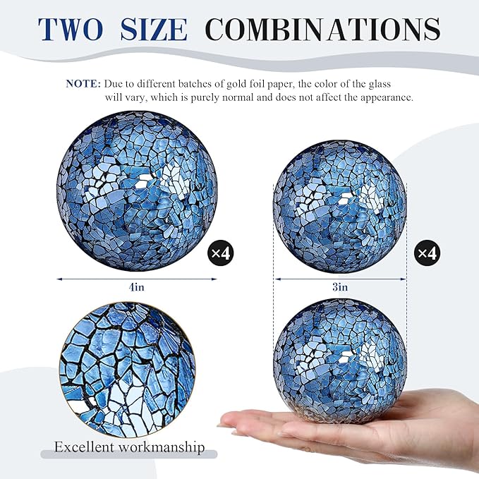 8 Pcs 3'' 4'' Decorative Ball for Centerpiece Bowls Glass Mosaic Sphere Decorative Orbs for Bowl Vase Fillers Christmas Wedding Party Dining Room Table Decor(Blue)