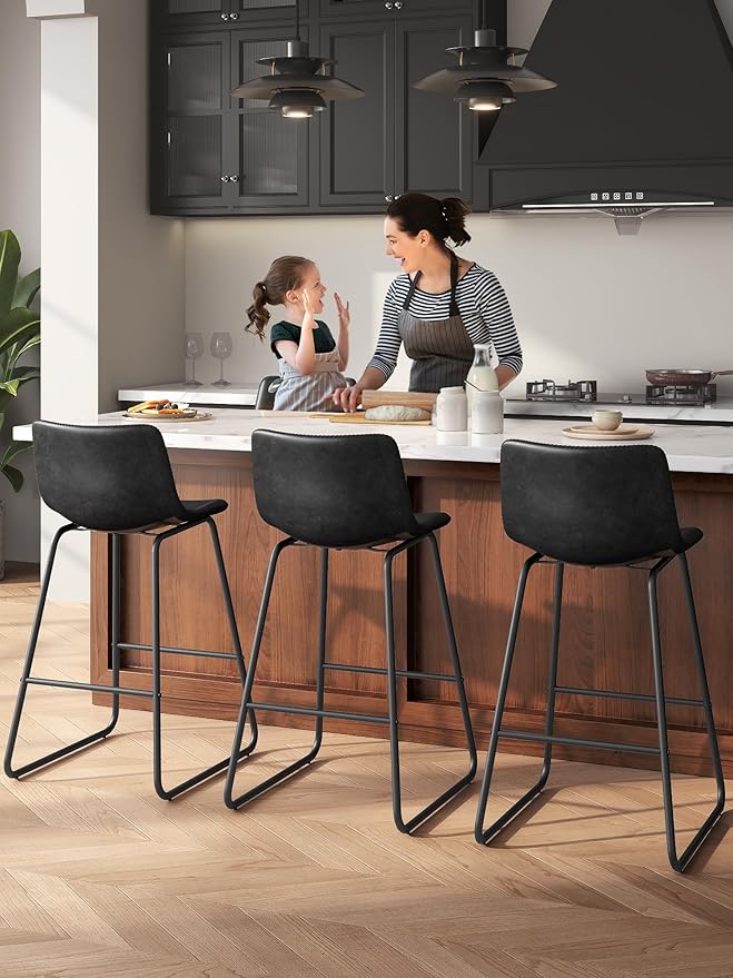 Bar Stools Set of 3, 26 Inches Counter Height Bar Stools with Back, Modern Faux Leather Barstools with Metal Legs and Footrest, Bar Chairs for Kitchens Island (Black)