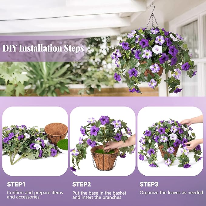 Artificial Hanging Fake Flowers with Basket Plants for Outdoor Decoration, Faux Silk Flower UV Resistant Morning Glory for Home Porch Patio Garden Balcony Yard Look Real (Purple White)