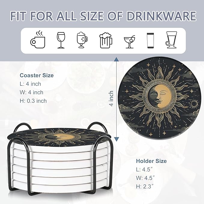 Drink Coasters Set of 6 with Holder, Gold Sun Moon Clouds Stars Absorbent Ceramic Coasters with Cork Base,Fit All Cups,Great Gift for Housewarming,Room Decor,Bar,Holiday Party