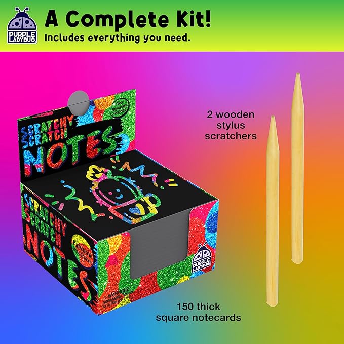 PURPLE LADYBUG Rainbow Holographic Scratch Art Mini Notes - 150 Sheets with Wooden Stylus, Classroom Must Have, Back to School Gift, School Essentials, Teen Girl Gifts